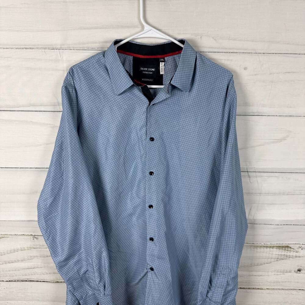 Silver Stone Collection Modern Fit Blue Geometric Pattern Long Sleeve Button